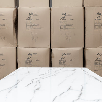 The New York 150cm Carrara Marble Dining Table available to purchase from Warehouse Furniture Clearance at our next sale event.