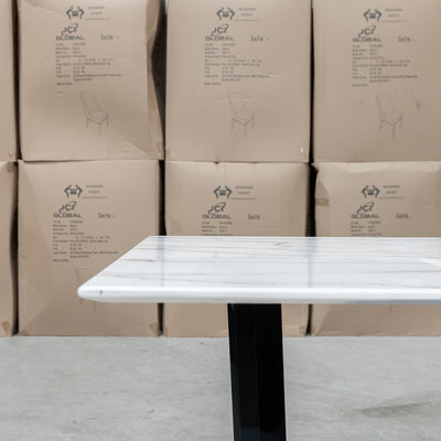 The New York 150cm Carrara Marble Dining Table available to purchase from Warehouse Furniture Clearance at our next sale event.