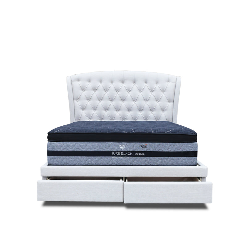 The Grace Queen Fabric Storage Bed – Oat White available to purchase from Warehouse Furniture Clearance at our next sale event.
