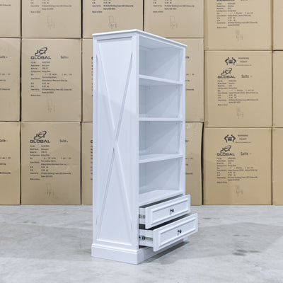 The Hampton Timber Two Drawer Bookcase available to purchase from Warehouse Furniture Clearance at our next sale event.