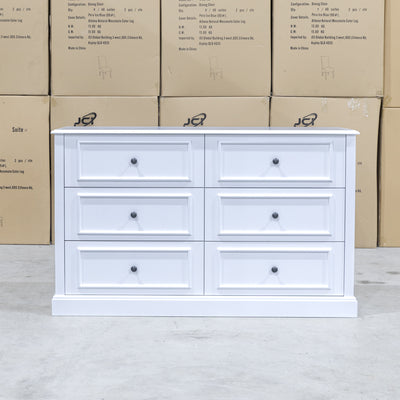 The Hampton 6 Drawer Timber Dresser available to purchase from Warehouse Furniture Clearance at our next sale event.