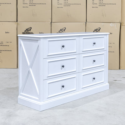 The Hampton 6 Drawer Timber Dresser available to purchase from Warehouse Furniture Clearance at our next sale event.
