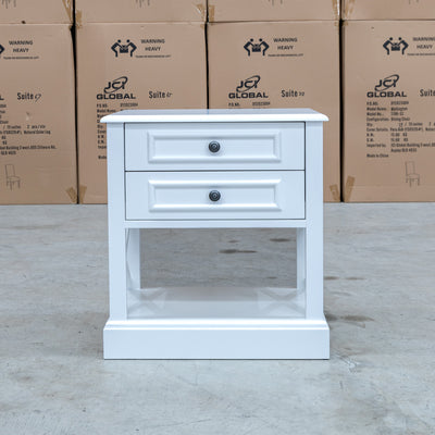 The Hampton Two Drawer Timber Bedside available to purchase from Warehouse Furniture Clearance at our next sale event.