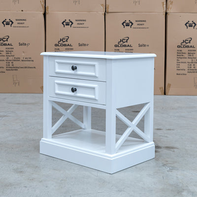 The Hampton Two Drawer Timber Bedside available to purchase from Warehouse Furniture Clearance at our next sale event.