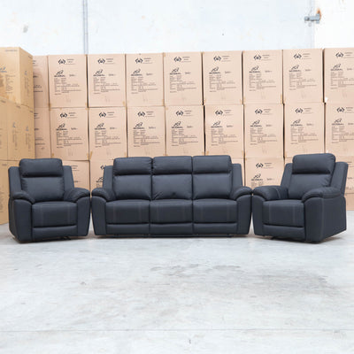 The Bari Three Seat Recliner Lounge - Jet available to purchase from Warehouse Furniture Clearance at our next sale event.