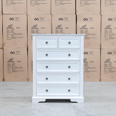 The Sala 6 Drawer Hardwood Tallboy available to purchase from Warehouse Furniture Clearance at our next sale event.