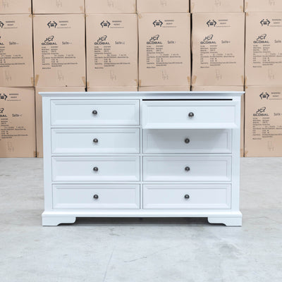 The Sala 8 Drawer Hardwood Dresser available to purchase from Warehouse Furniture Clearance at our next sale event.
