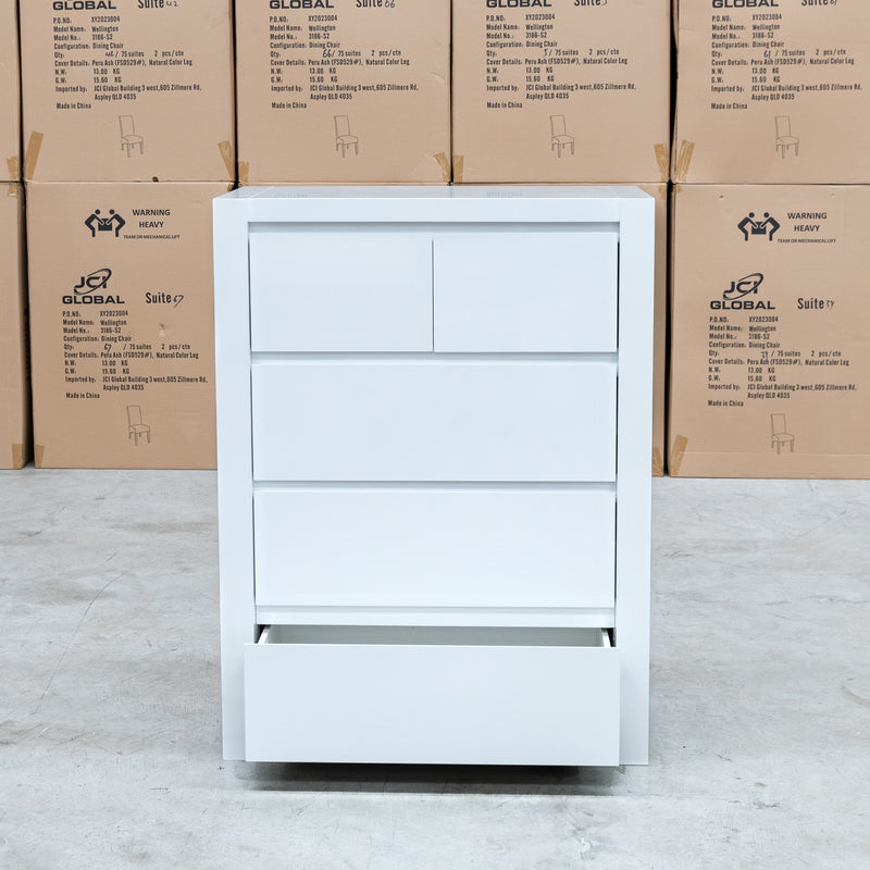 The Teneriffe White Gloss 5 Drawer Tallboy available to purchase from Warehouse Furniture Clearance at our next sale event.
