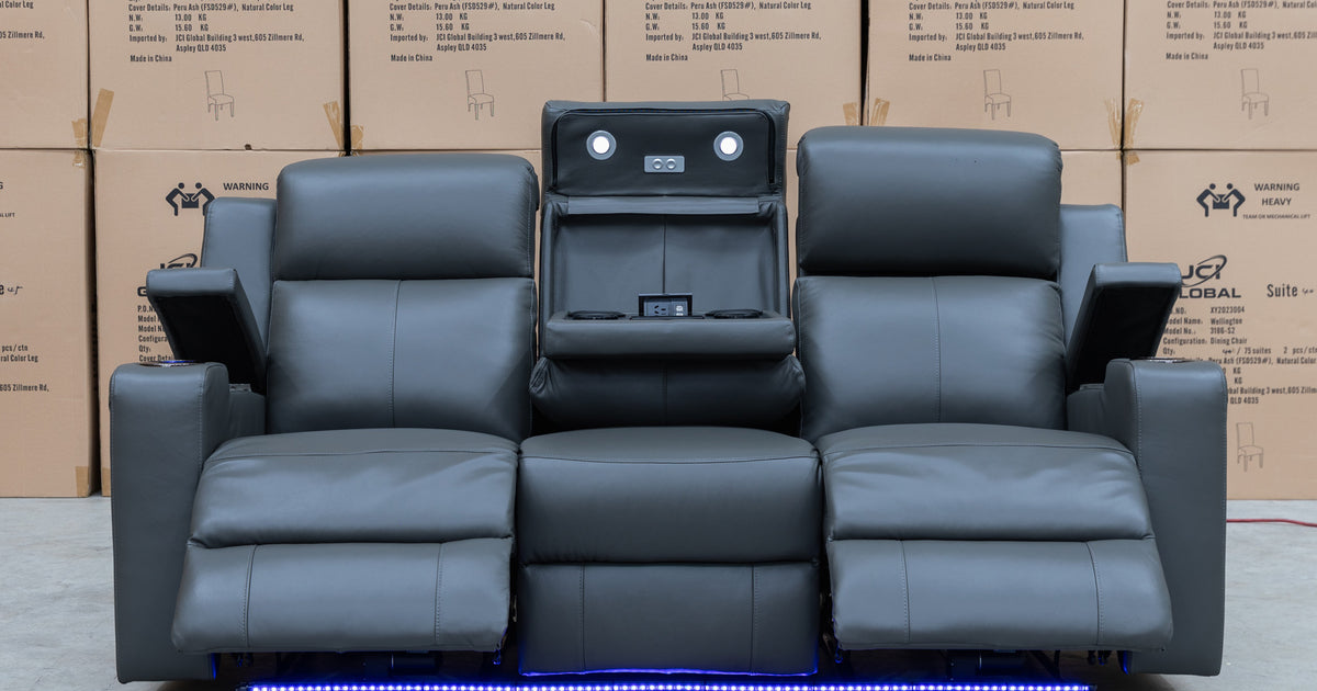 Xanadu Three Seater Dual Motor Electric Recliner Lounge Storm Leather