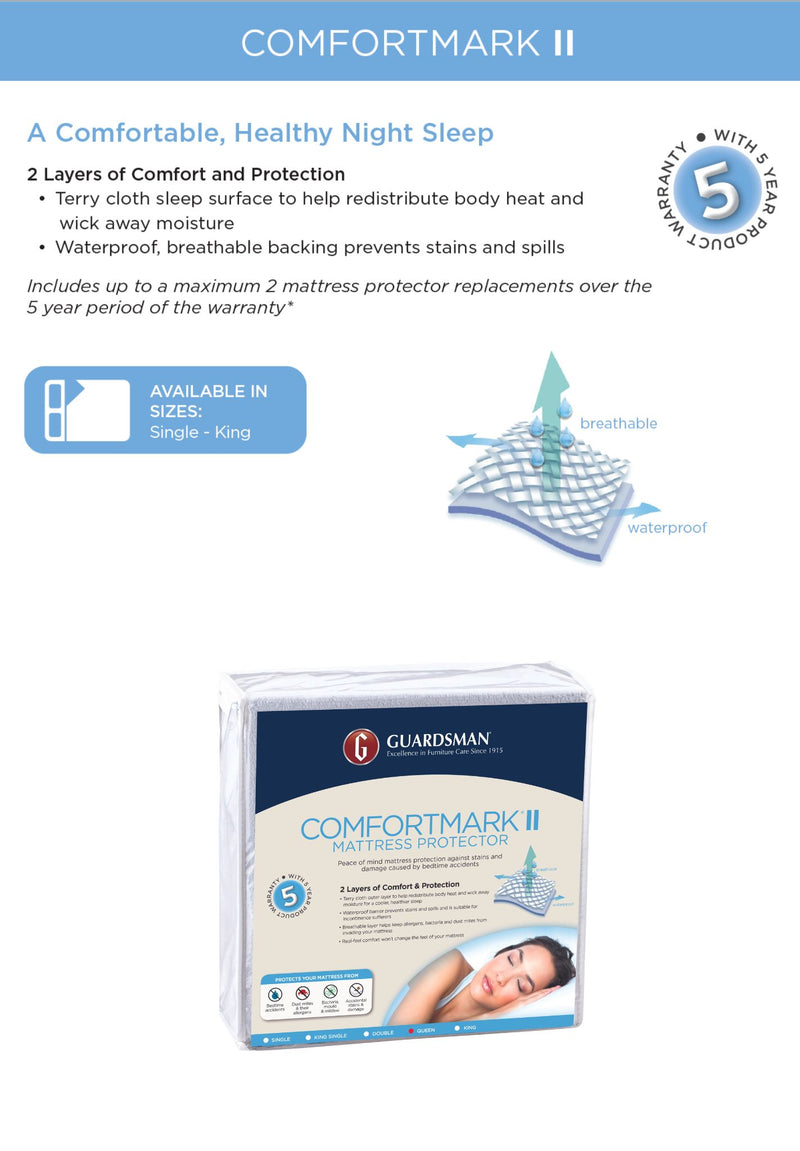 The Guardsman ComfortMark II Mattress Protector - 5 Year Warranty - Queen available to purchase from Warehouse Furniture Clearance at our next sale event.