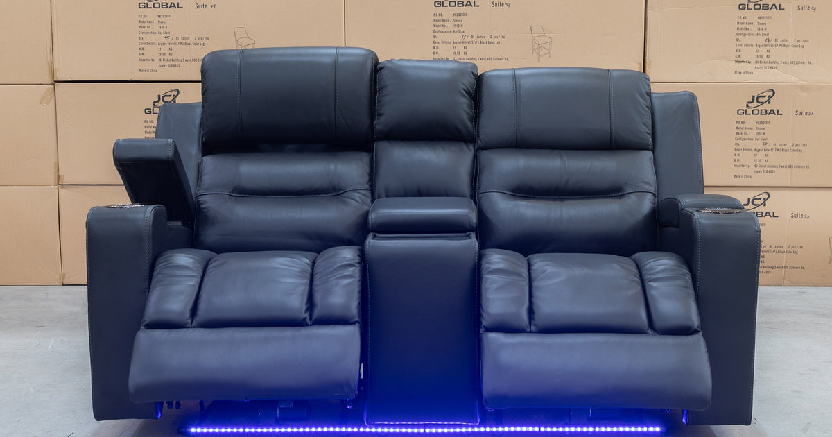 Toronto 2 Seat DualMotor Recliner Theatre Lounge Black Leather Warehouse Furniture Clearance