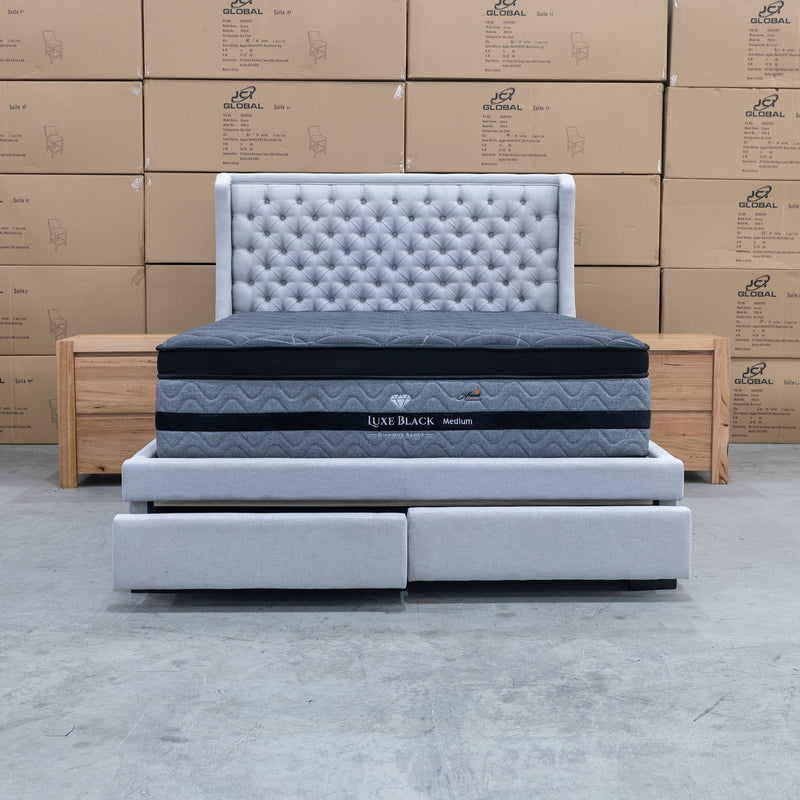 The Sebastian King Fabric Storage Bed - Light Grey - In-store purchase only available to purchase from Warehouse Furniture Clearance at our next sale event.