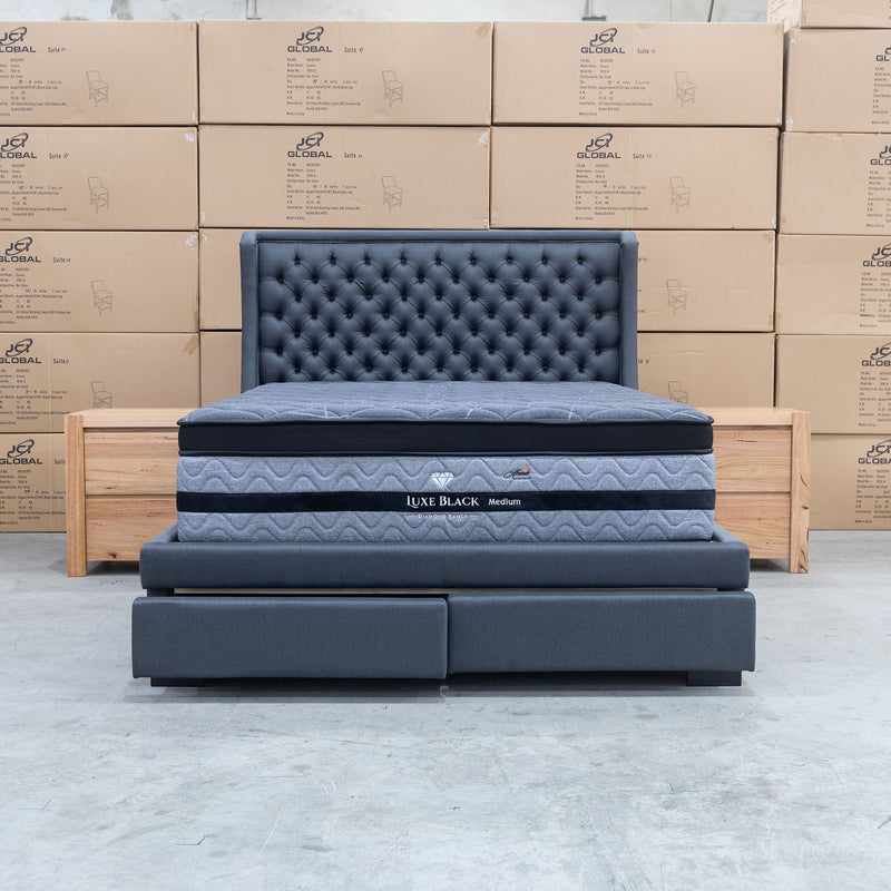 The Sebastian Queen Fabric Storage Bed - Deluxe Grey - In-store purchase only available to purchase from Warehouse Furniture Clearance at our next sale event.