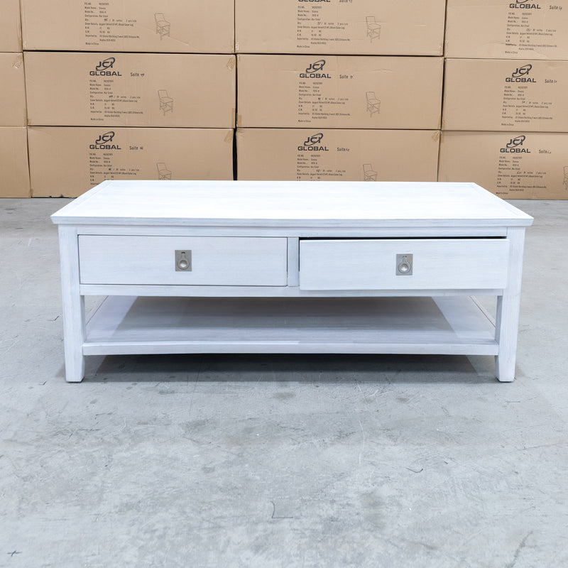 The Sorrento 2 Drawer Hardwood Coffee Table available to purchase from Warehouse Furniture Clearance at our next sale event.