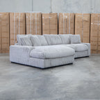 The Kalena Oversized Plush Feather & Foam LHF Chaise Lounge - Silver available to purchase from Warehouse Furniture Clearance at our next sale event.