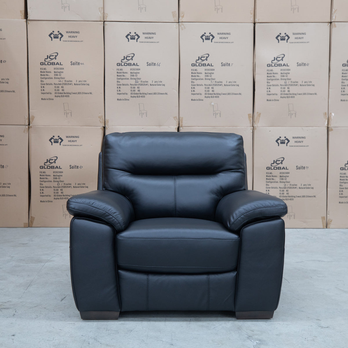 The Cassandra Single Armchair - Black Leather available to purchase from Warehouse Furniture Clearance at our next sale event.