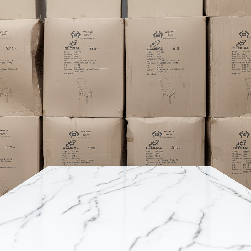 The New York 150cm Carrara Marble Dining Table available to purchase from Warehouse Furniture Clearance at our next sale event.