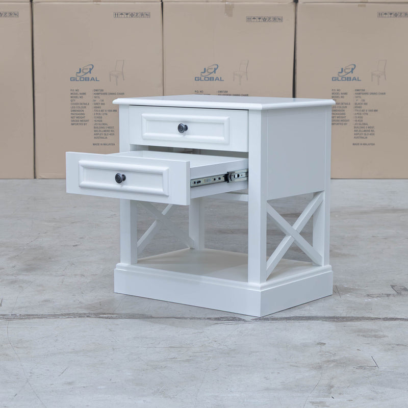 The Hampton 2 Drawer Timber Bedside available to purchase from Warehouse Furniture Clearance at our next sale event.