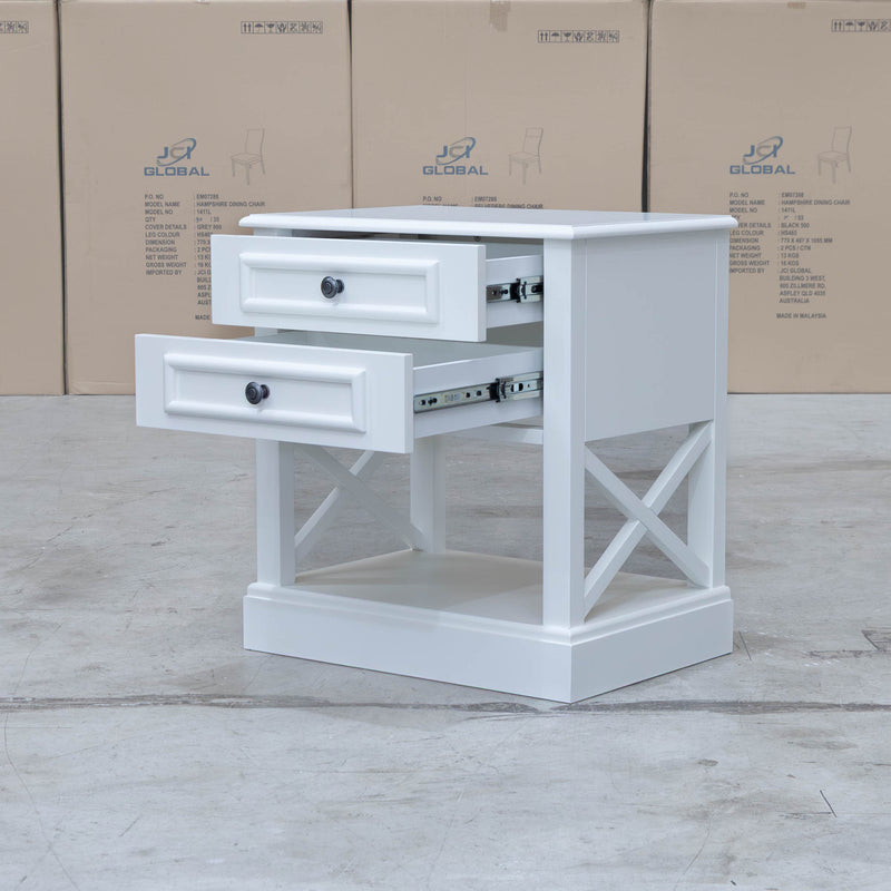 The Hampton 2 Drawer Timber Bedside available to purchase from Warehouse Furniture Clearance at our next sale event.