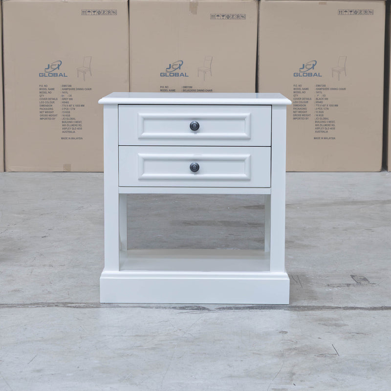 The Hampton 2 Drawer Timber Bedside available to purchase from Warehouse Furniture Clearance at our next sale event.