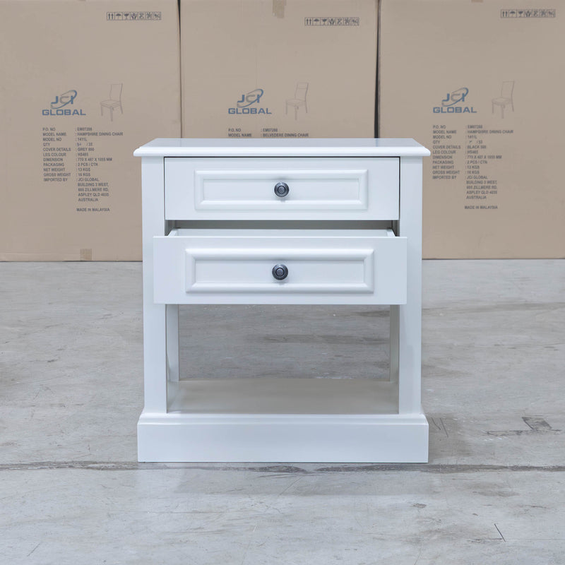 The Hampton 2 Drawer Timber Bedside available to purchase from Warehouse Furniture Clearance at our next sale event.