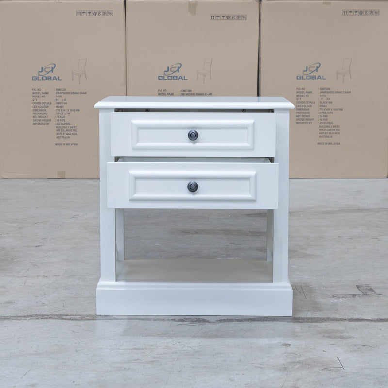 The Hampton 2 Drawer Timber Bedside available to purchase from Warehouse Furniture Clearance at our next sale event.