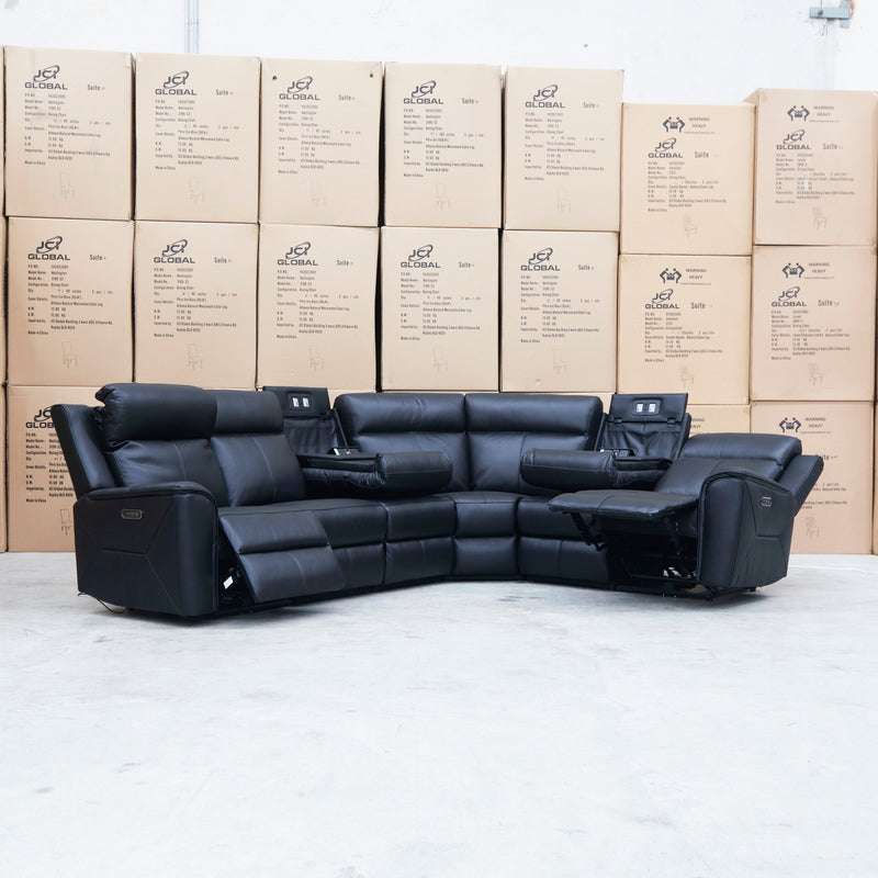 The Stratton Modular Corner Lounge with Dual Electric Recliners - Black Leather available to purchase from Warehouse Furniture Clearance at our next sale event.