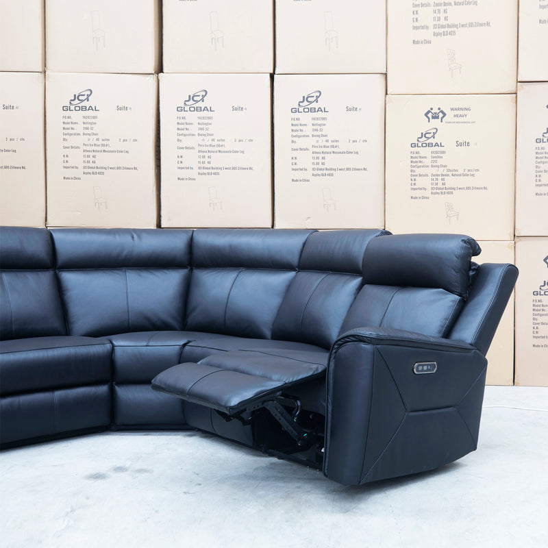The Stratton Modular Corner Lounge with Dual Electric Recliners - Black Leather available to purchase from Warehouse Furniture Clearance at our next sale event.