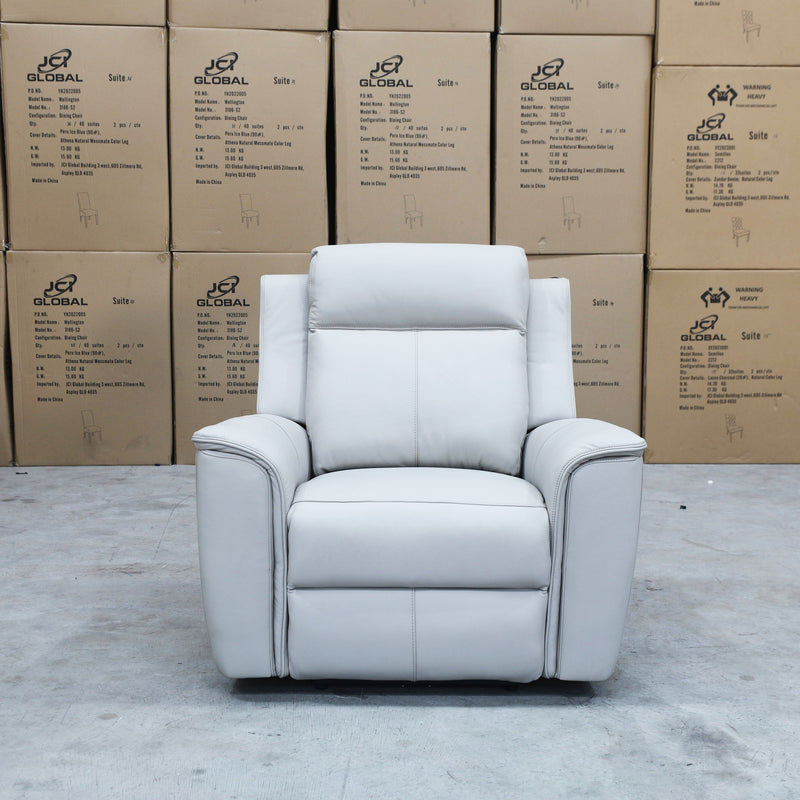 The Stratton Dual-Electric Recliner - Light Grey Leather available to purchase from Warehouse Furniture Clearance at our next sale event.