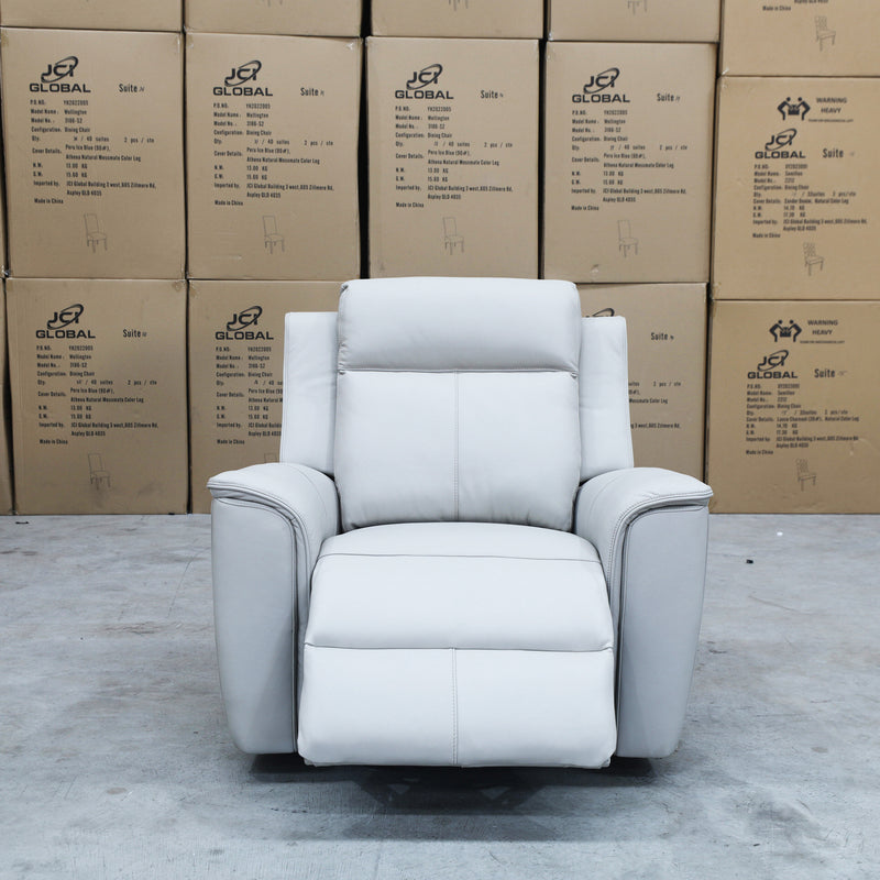 The Stratton Dual-Electric Recliner - Light Grey Leather available to purchase from Warehouse Furniture Clearance at our next sale event.