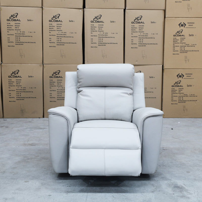 The Stratton Dual-Electric Recliner - Light Grey Leather available to purchase from Warehouse Furniture Clearance at our next sale event.