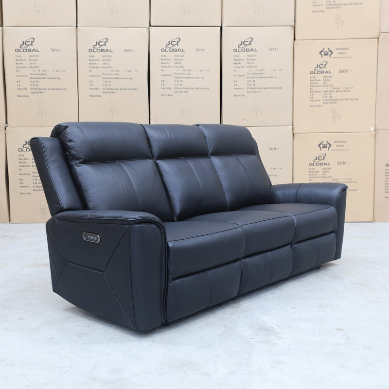 The Stratton Three Seater Dual-Electric Recliner - Black Leather available to purchase from Warehouse Furniture Clearance at our next sale event.
