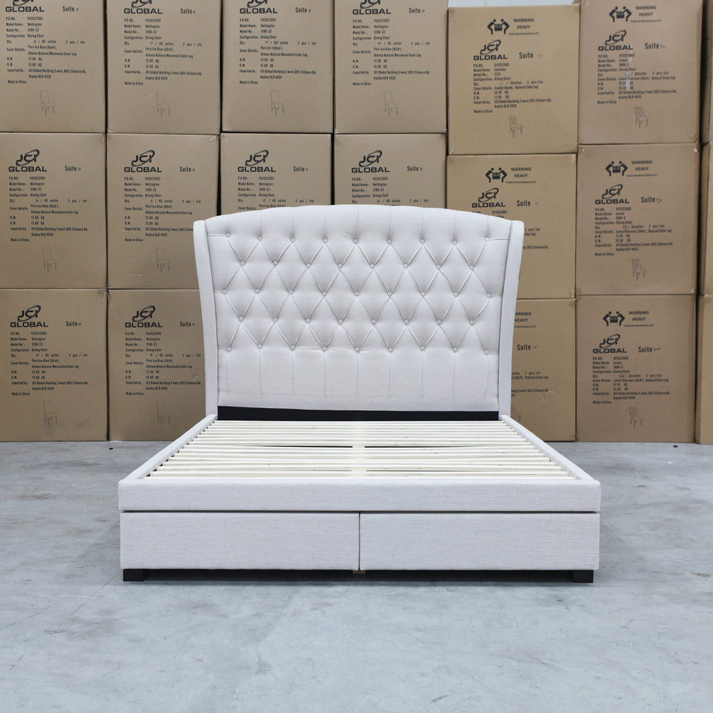 The Grace Queen Fabric Storage Bed - Oat White available to purchase from Warehouse Furniture Clearance at our next sale event.