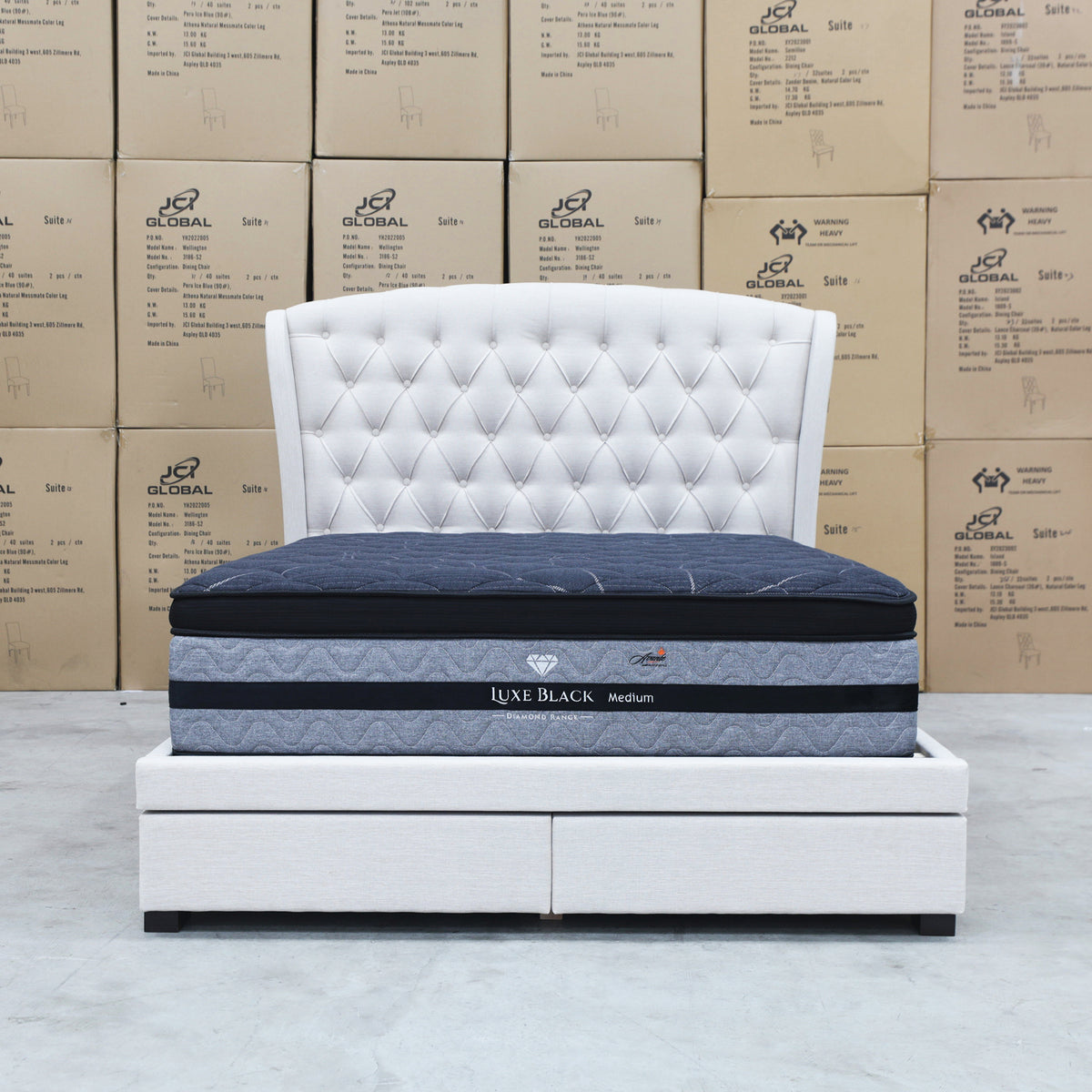 The Grace Queen Fabric Storage Bed - Oat White available to purchase from Warehouse Furniture Clearance at our next sale event.