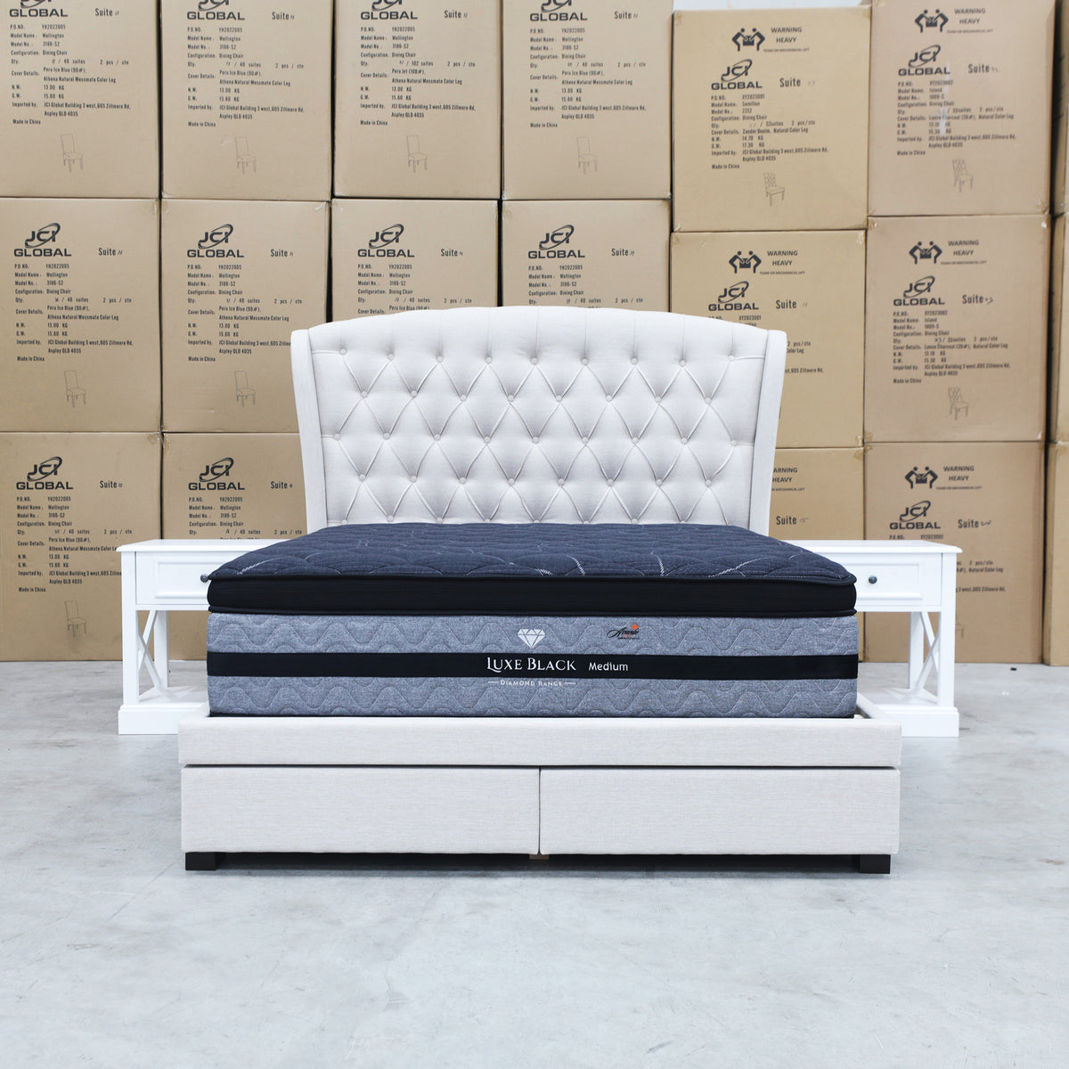 The Grace Queen Fabric Storage Bed - Oat White available to purchase from Warehouse Furniture Clearance at our next sale event.