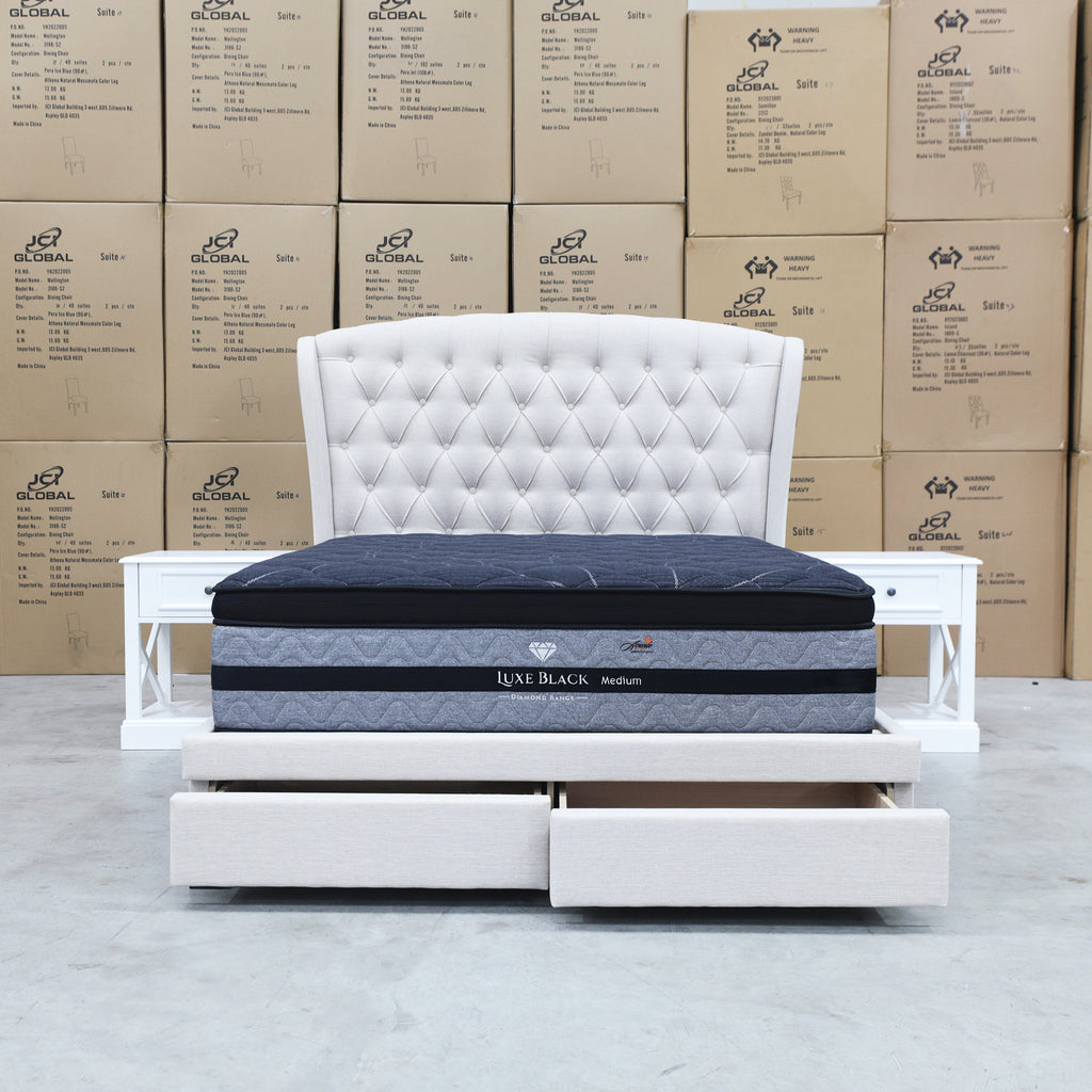 The Grace Queen Fabric Storage Bed - Oat White available to purchase from Warehouse Furniture Clearance at our next sale event.