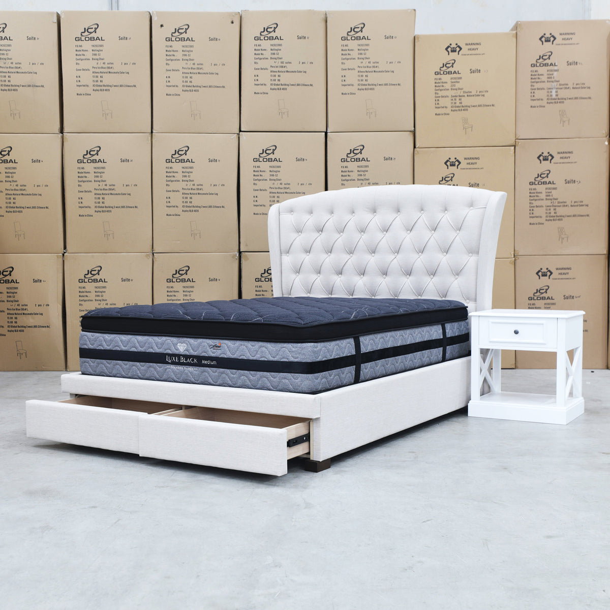 The Grace Queen Fabric Storage Bed - Oat White available to purchase from Warehouse Furniture Clearance at our next sale event.