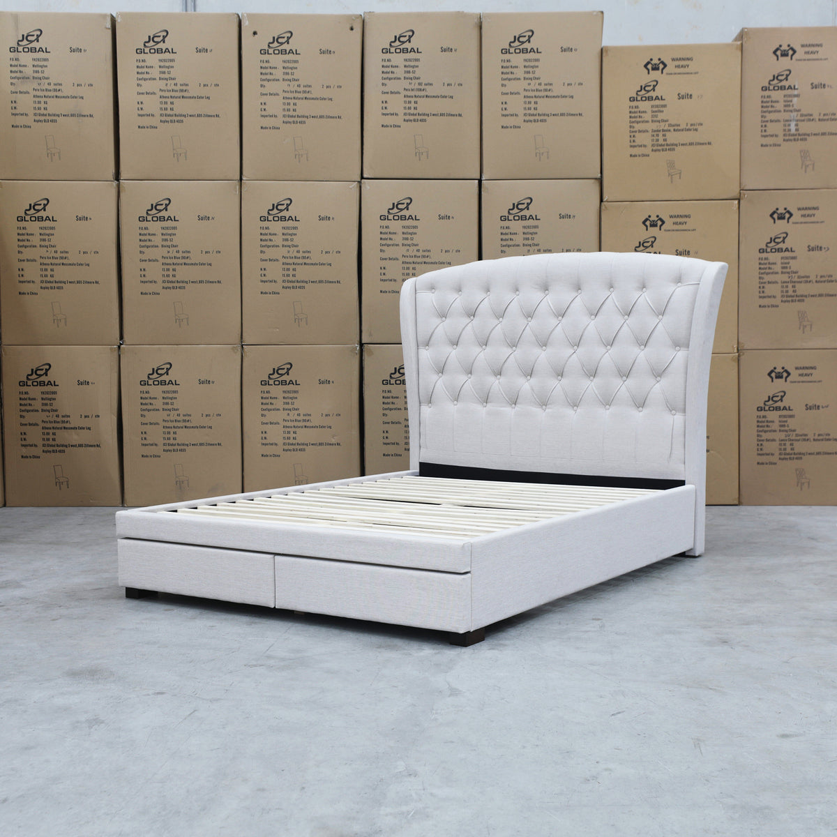 The Grace Queen Fabric Storage Bed - Oat White available to purchase from Warehouse Furniture Clearance at our next sale event.