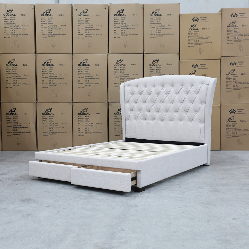 The Grace Queen Fabric Storage Bed - Oat White available to purchase from Warehouse Furniture Clearance at our next sale event.