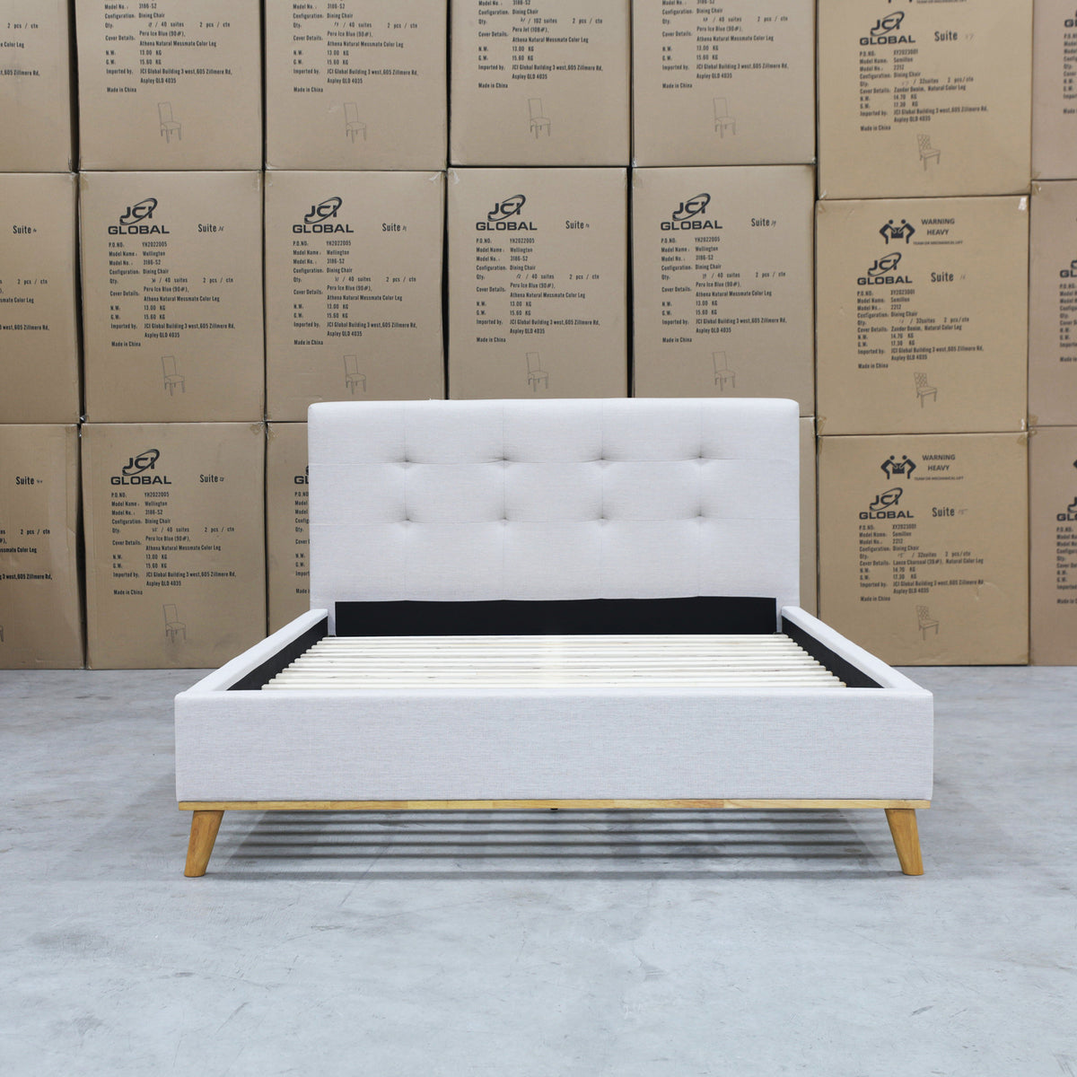 The Milos Double Upholstered Bed - Oat White available to purchase from Warehouse Furniture Clearance at our next sale event.