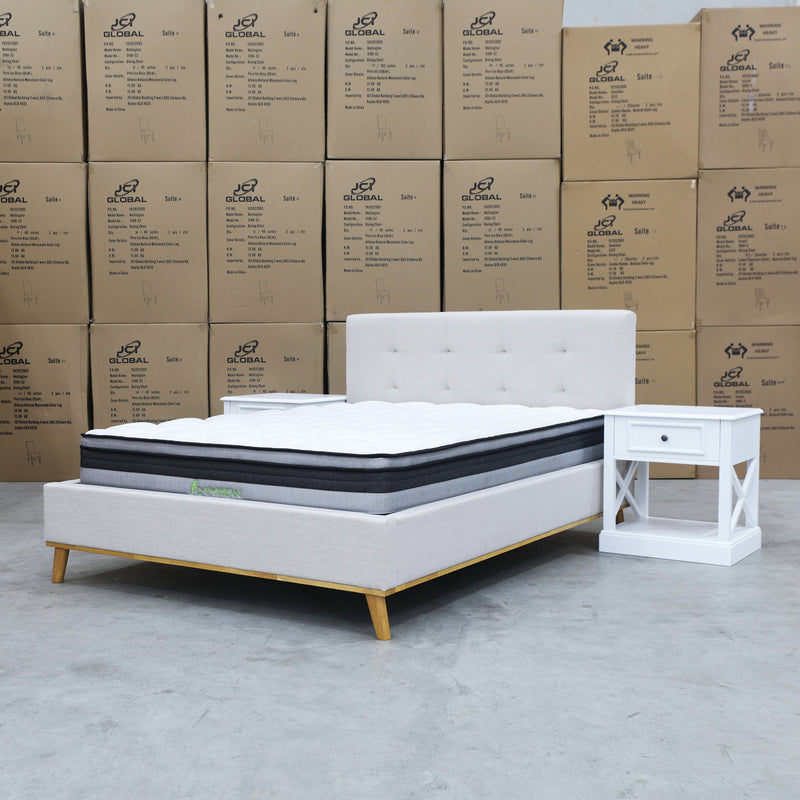 The Milos Double Upholstered Bed - Oat White available to purchase from Warehouse Furniture Clearance at our next sale event.