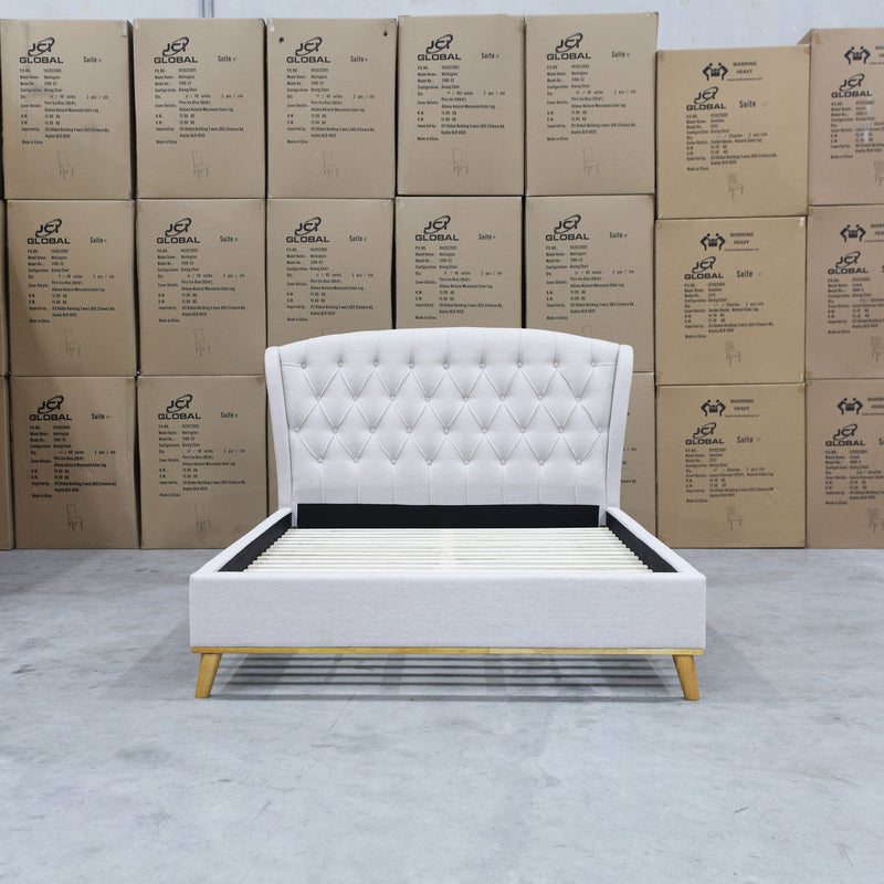 The Harper Queen Upholstered Bed - Oat White available to purchase from Warehouse Furniture Clearance at our next sale event.