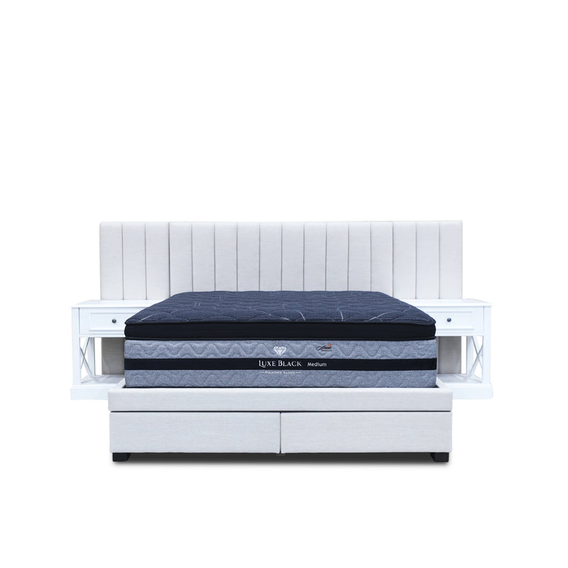 The Isla Queen Upholstered Storage Bed Extended Headboard - Oat White available to purchase from Warehouse Furniture Clearance at our next sale event.