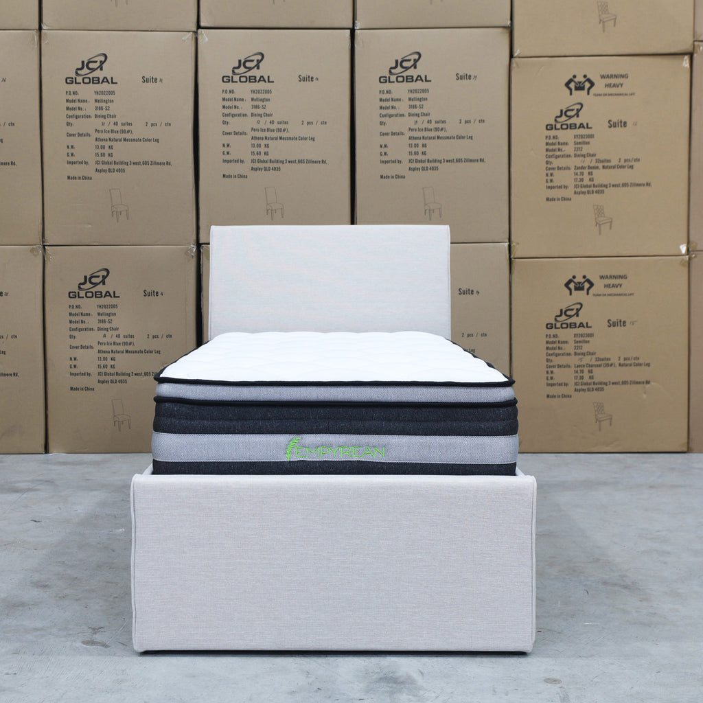 The York King Single Fabric Trundle Bed - Oat White (Reversible Trundle) available to purchase from Warehouse Furniture Clearance at our next sale event.
