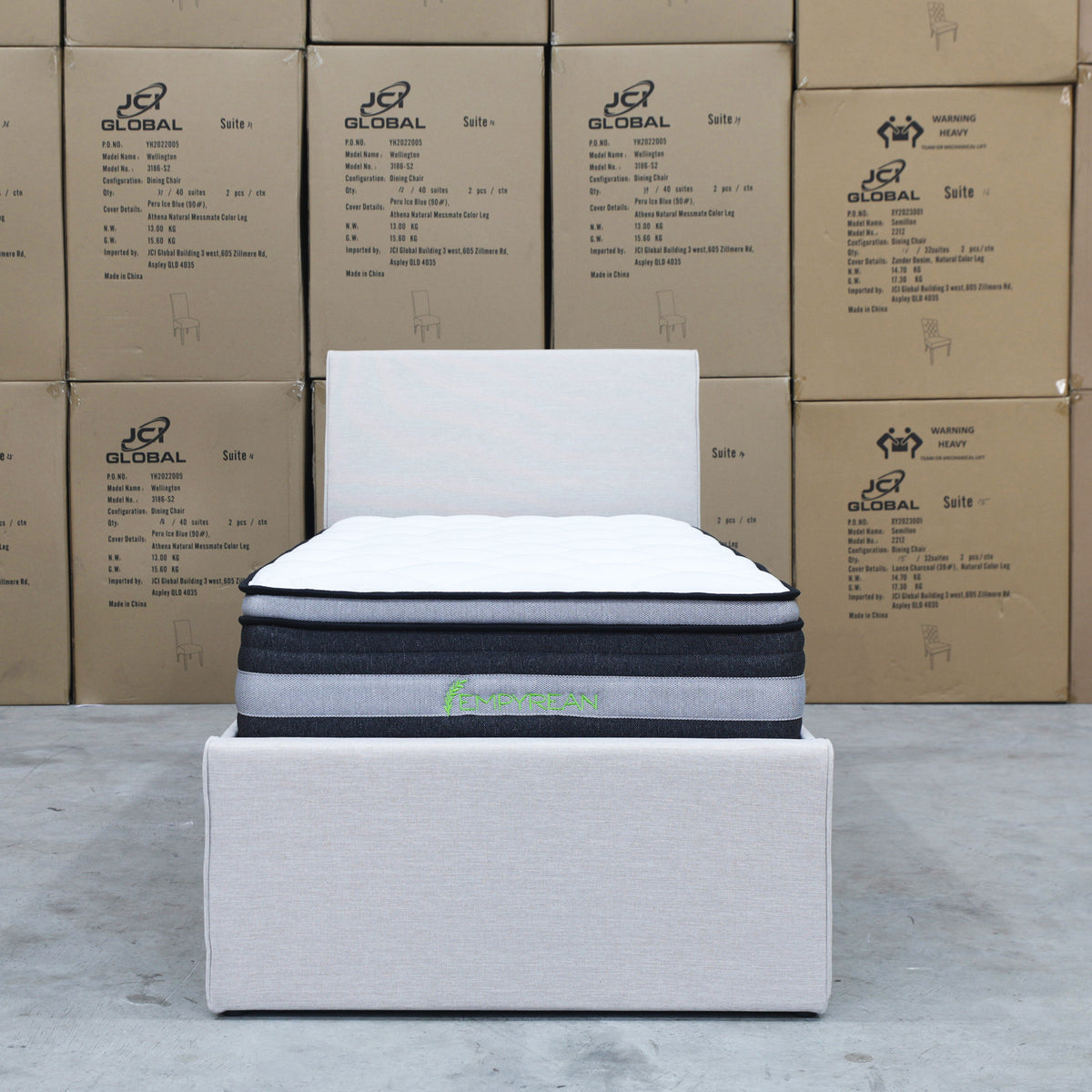 The York King Single Fabric Trundle Bed - Oat White (Reversible Trundle) available to purchase from Warehouse Furniture Clearance at our next sale event.