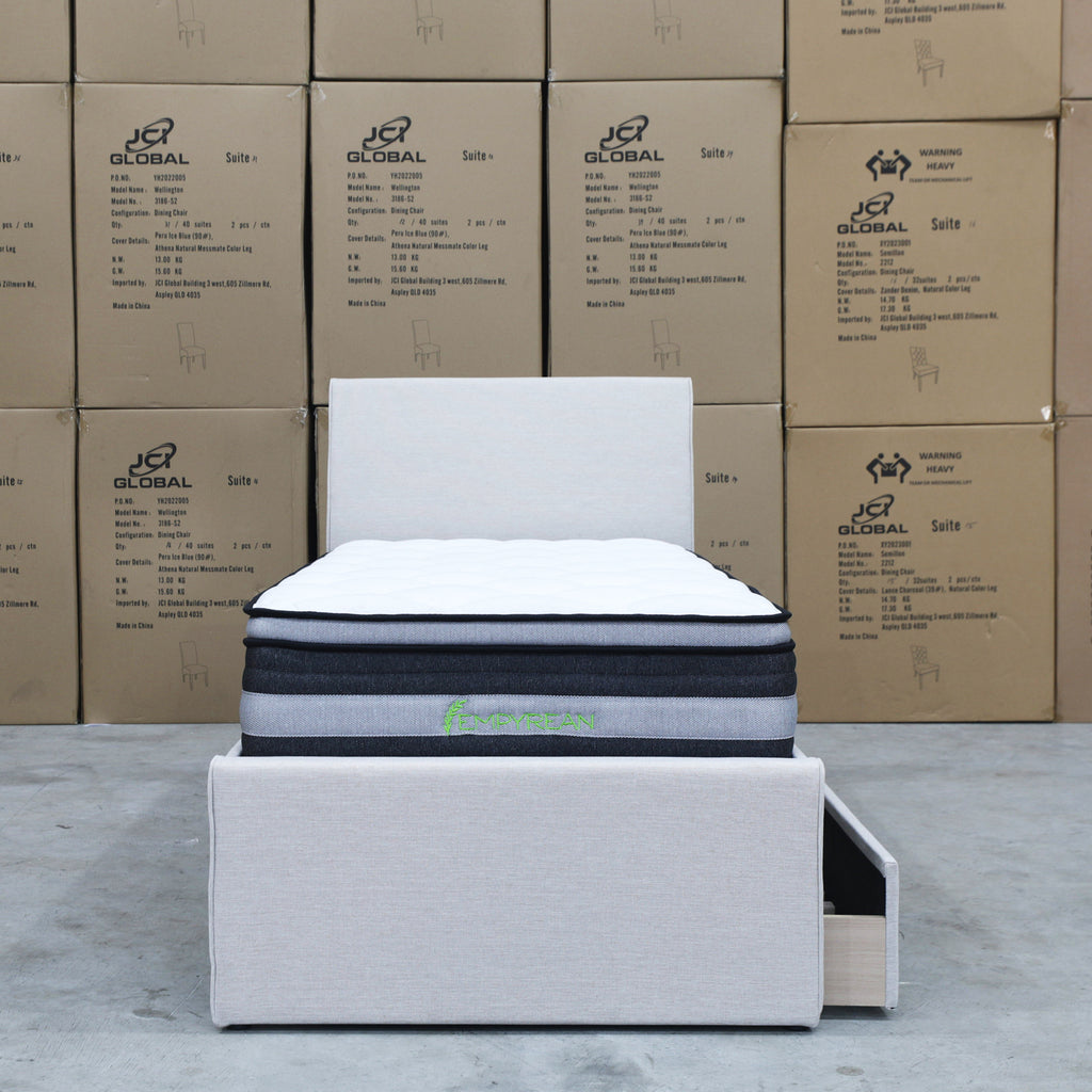 The York King Single Fabric Trundle Bed - Oat White (Reversible Trundle) available to purchase from Warehouse Furniture Clearance at our next sale event.