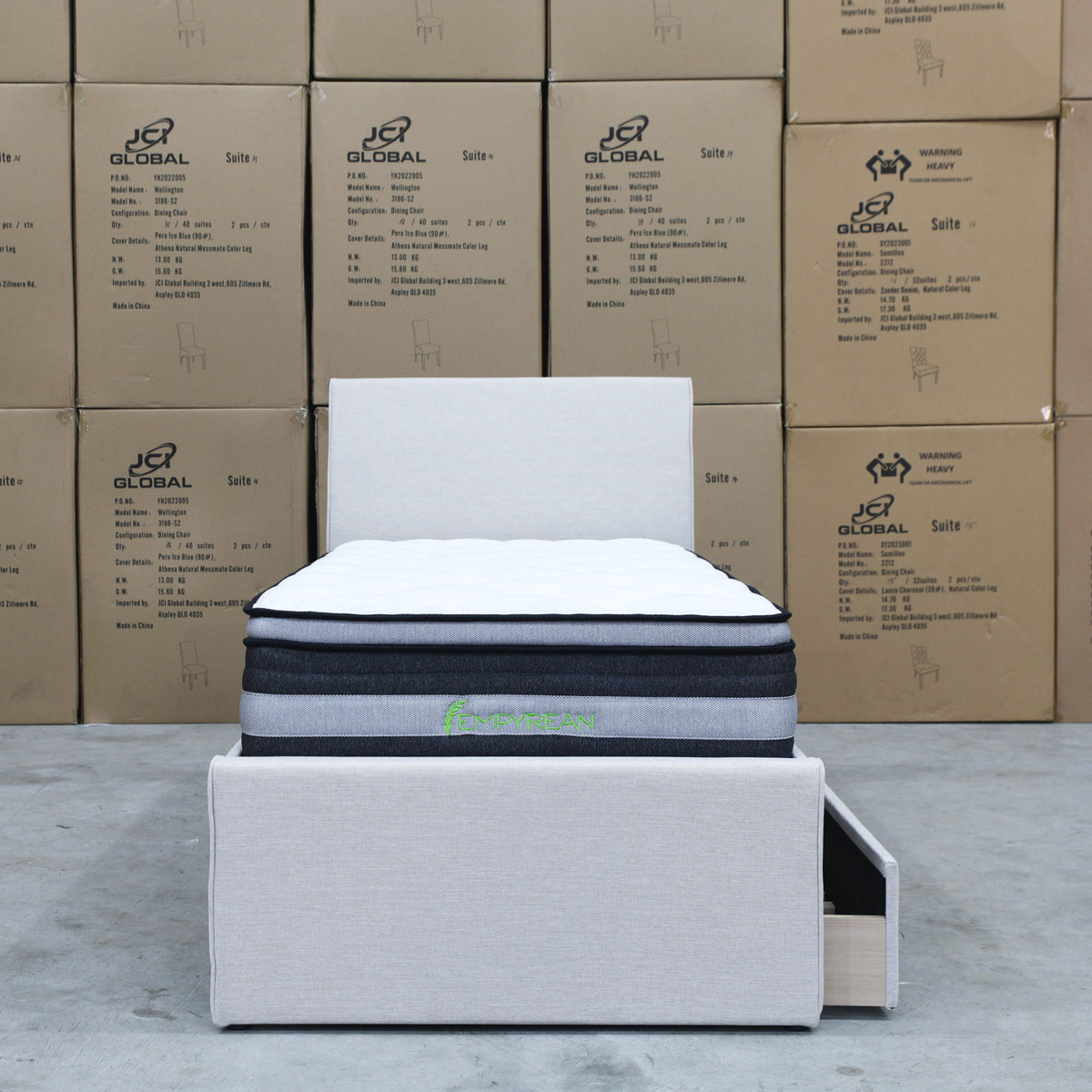The York King Single Fabric Trundle Bed - Oat White (Reversible Trundle) available to purchase from Warehouse Furniture Clearance at our next sale event.