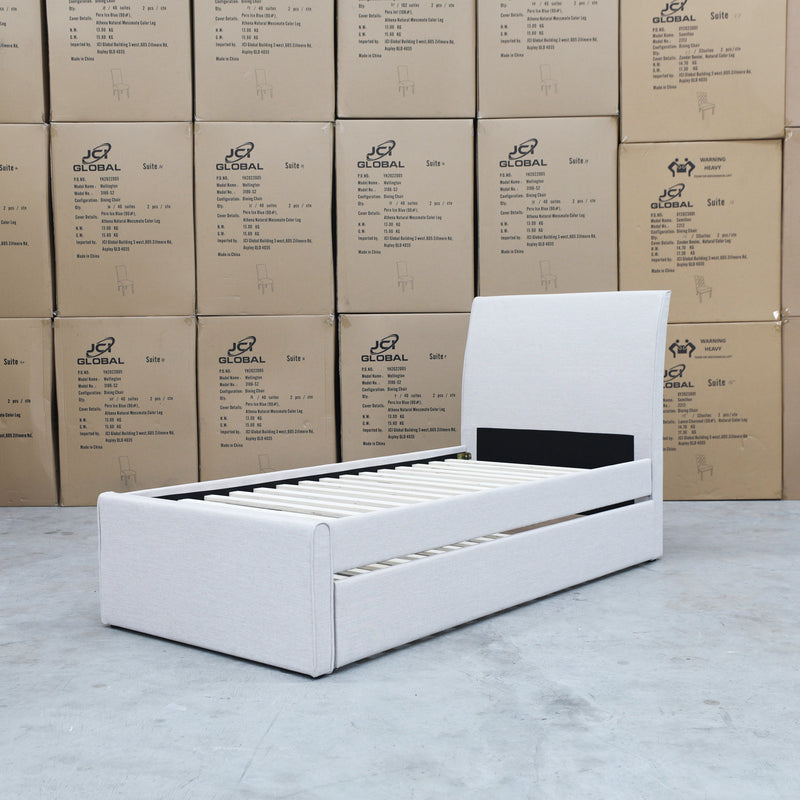 The York King Single Fabric Trundle Bed - Oat White (Reversible Trundle) available to purchase from Warehouse Furniture Clearance at our next sale event.