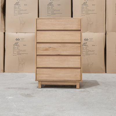 The Flintstone Tasmanian Oak Five Drawer Tallboy available to purchase from Warehouse Furniture Clearance at our next sale event.
