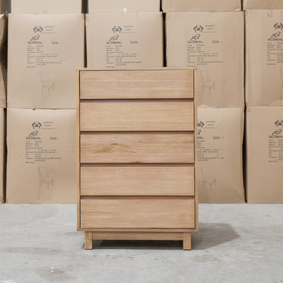 The Flintstone Tasmanian Oak Five Drawer Tallboy available to purchase from Warehouse Furniture Clearance at our next sale event.